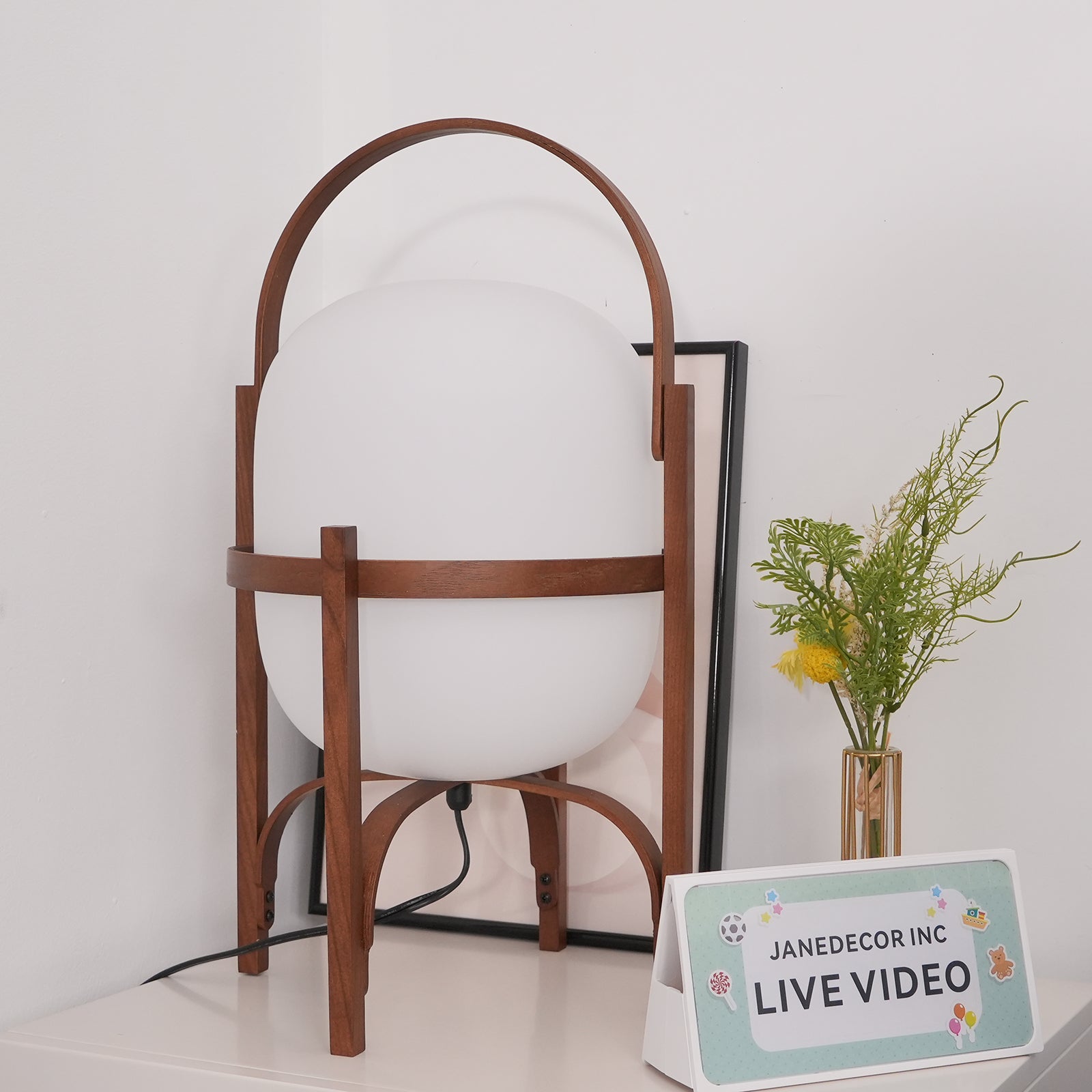 Portable Lantern Table Lamp Scandinavian with Wood Frame and Globe Glass Shade