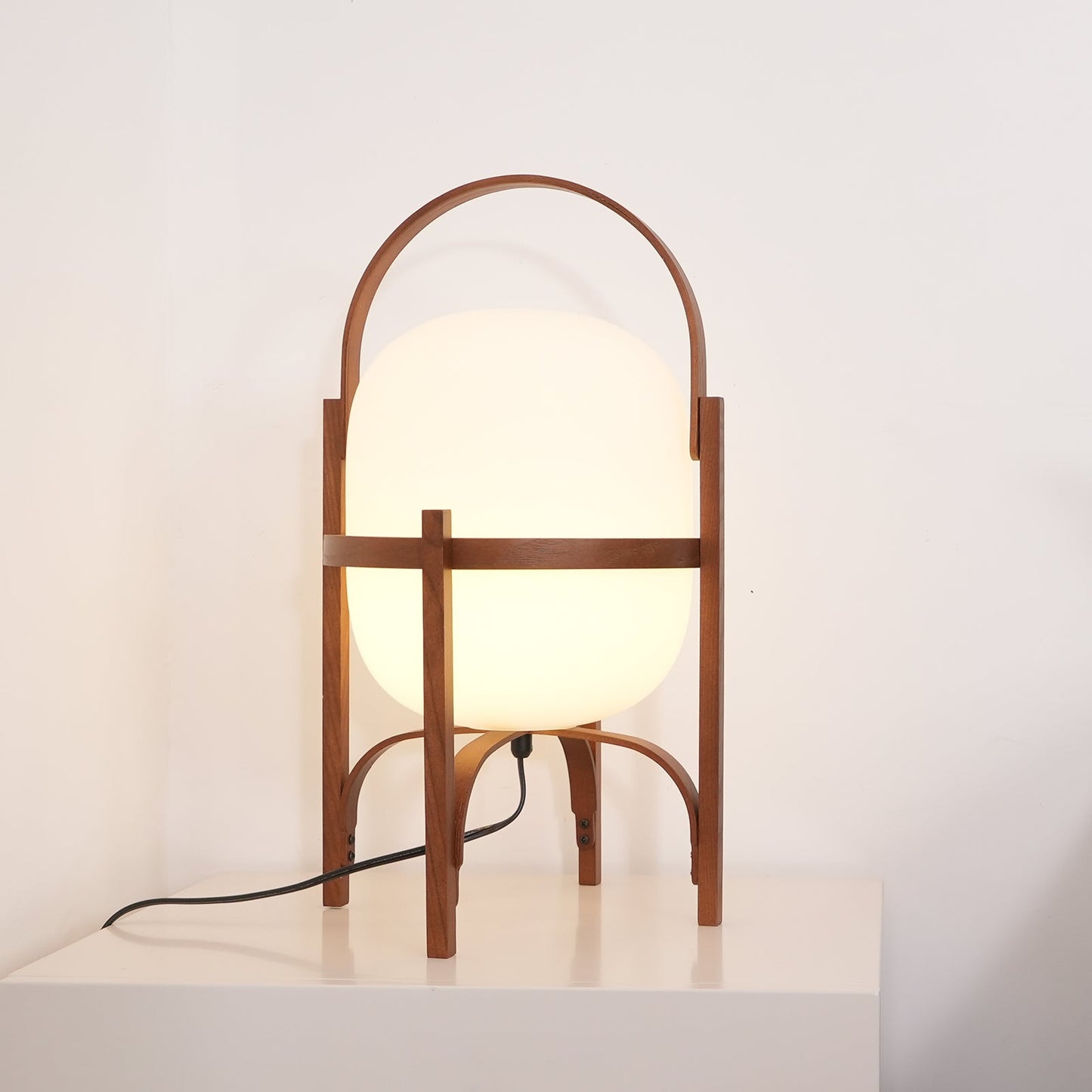 Portable Lantern Table Lamp Scandinavian with Wood Frame and Globe Glass Shade