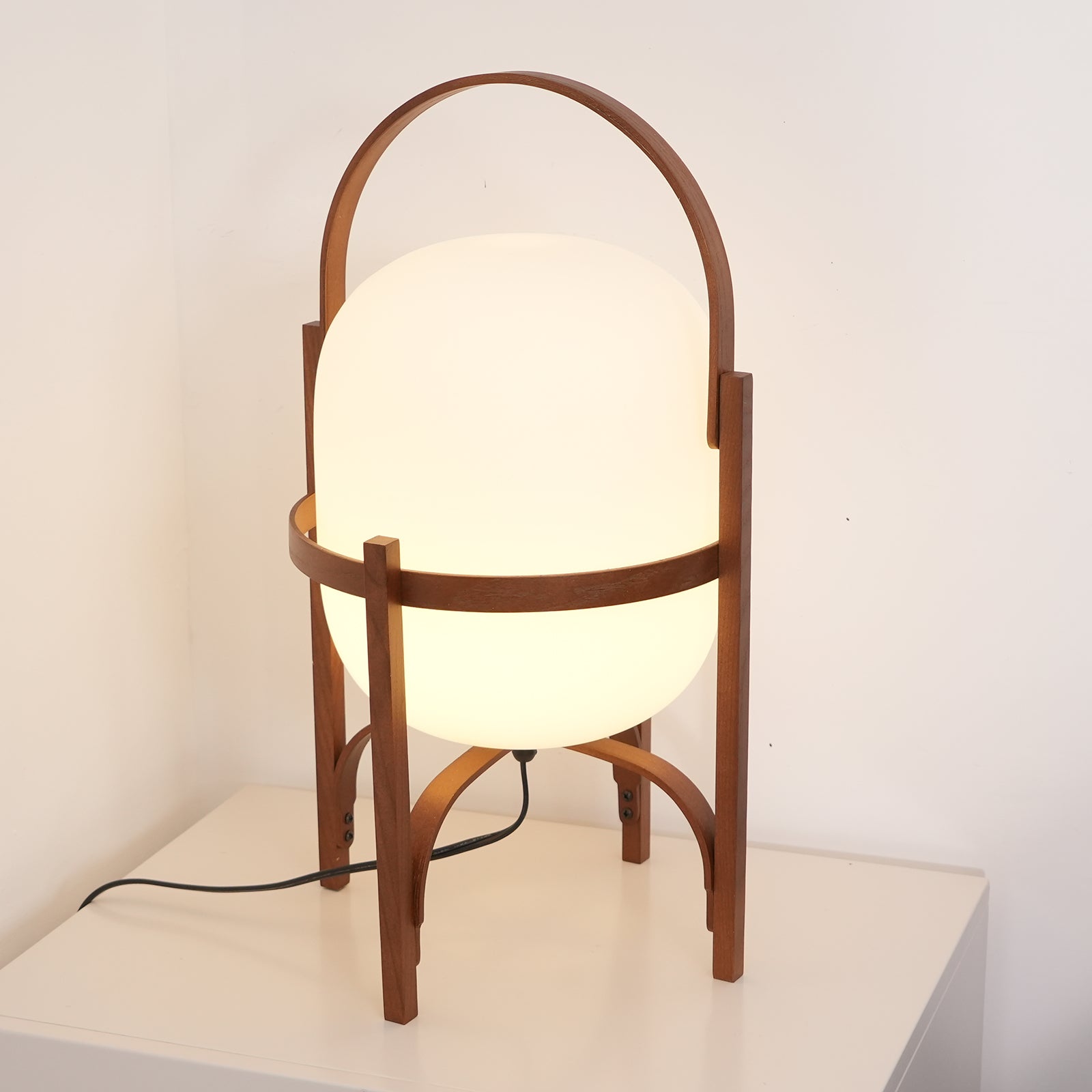 Portable Lantern Table Lamp Scandinavian with Wood Frame and Globe Glass Shade