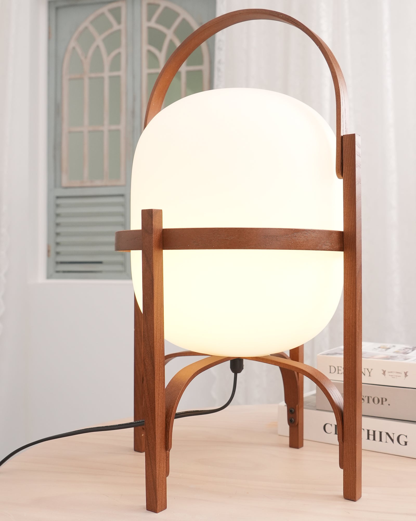 Portable Lantern Table Lamp Scandinavian with Wood Frame and Globe Glass Shade