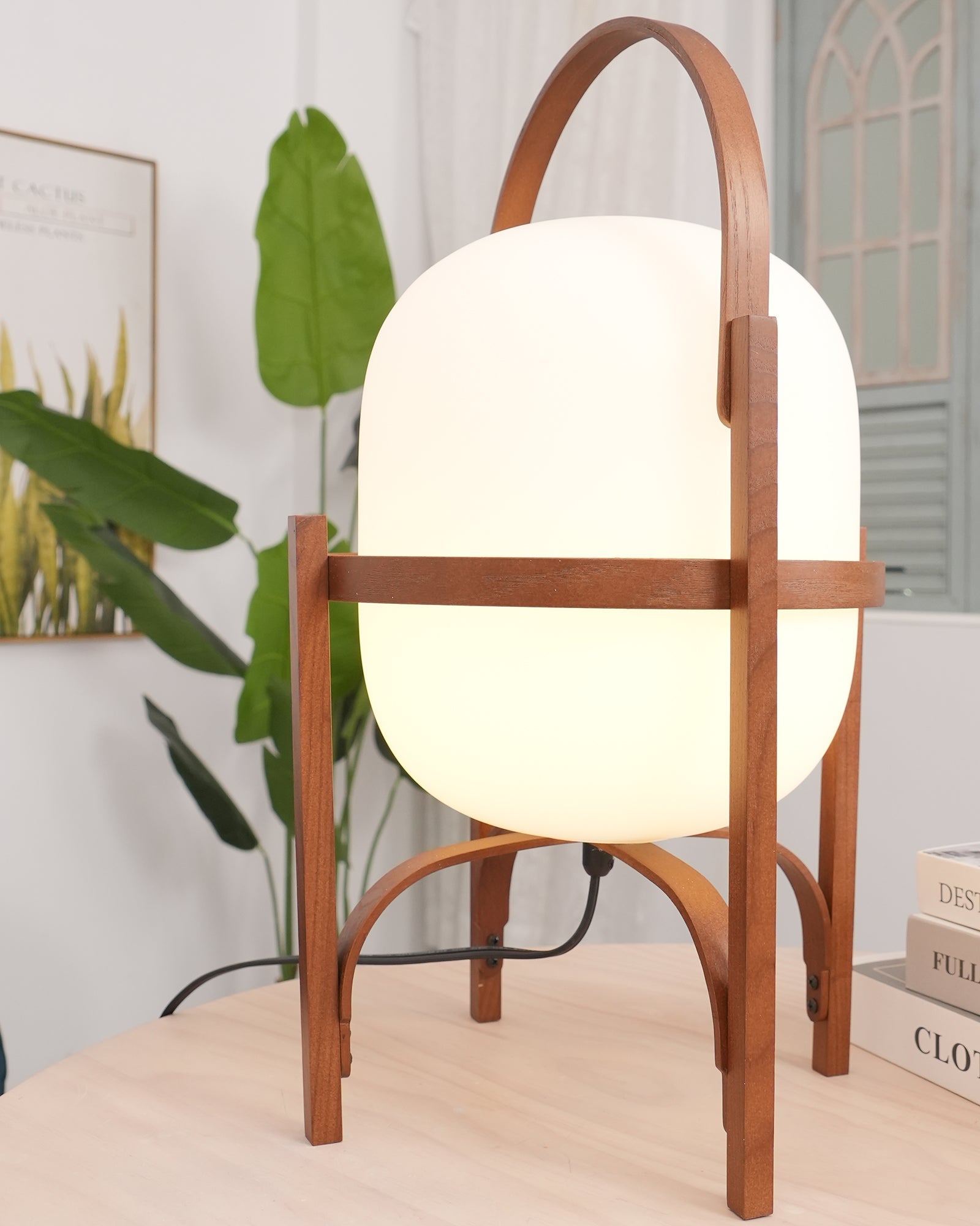 Portable Lantern Table Lamp Scandinavian with Wood Frame and Globe Glass Shade