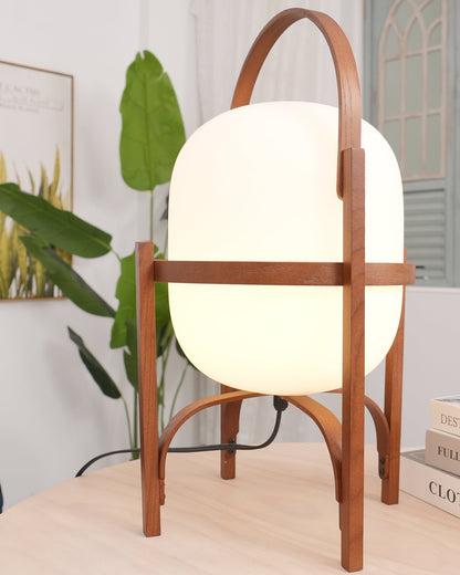 Portable Lantern Table Lamp Scandinavian with Wood Frame and Globe Glass Shade