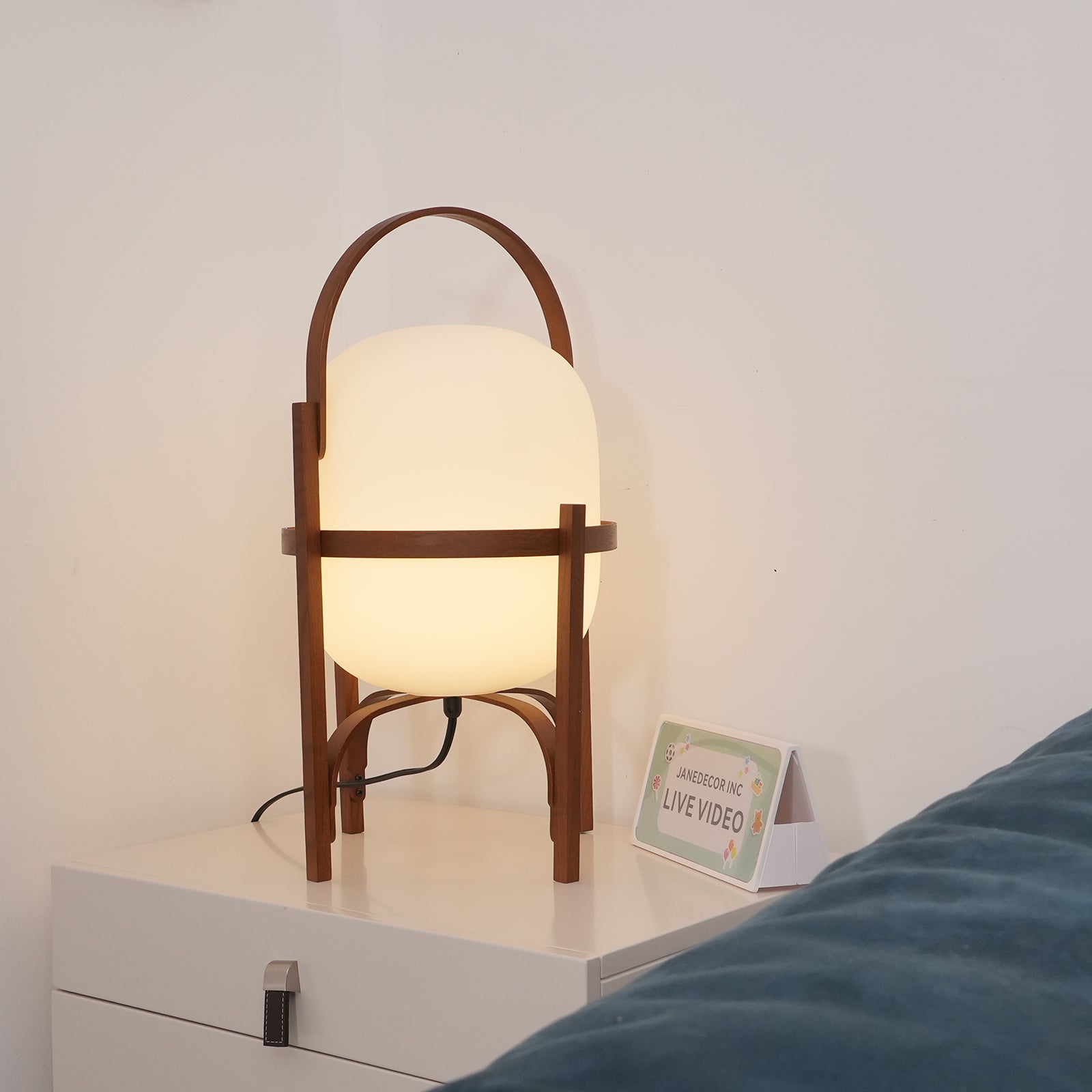 Portable Lantern Table Lamp Scandinavian with Wood Frame and Globe Glass Shade