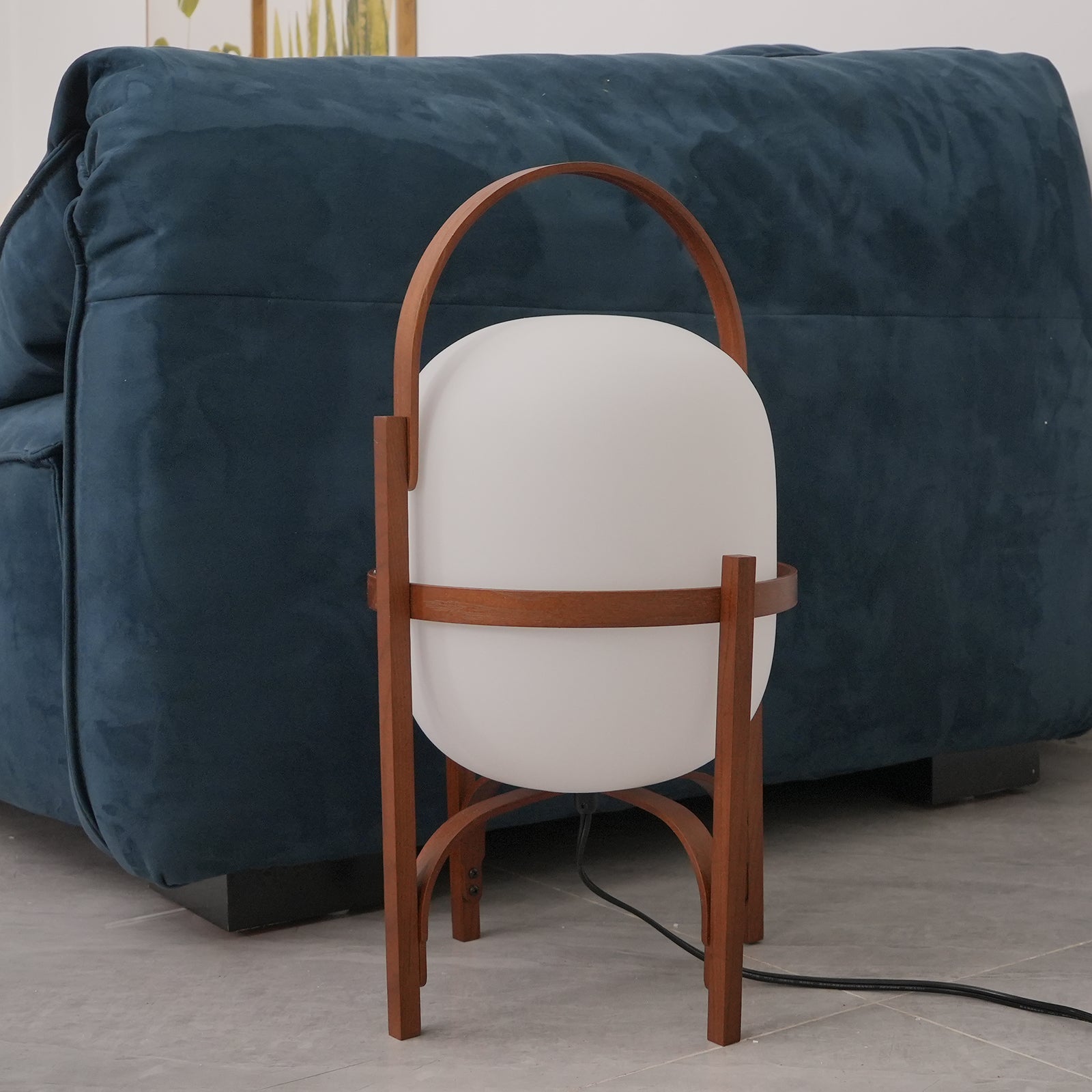 Portable Lantern Table Lamp Scandinavian with Wood Frame and Globe Glass Shade