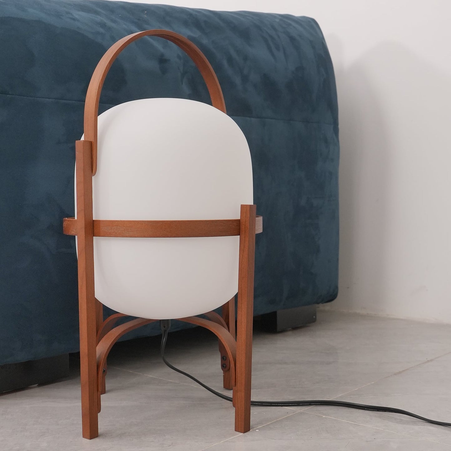 Portable Lantern Table Lamp Scandinavian with Wood Frame and Globe Glass Shade