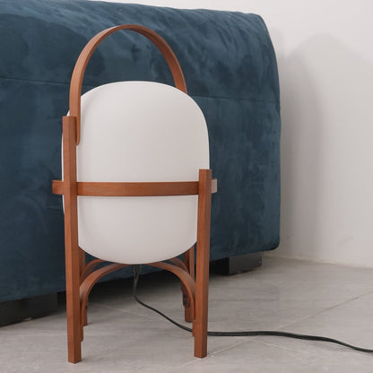 Portable Lantern Table Lamp Scandinavian with Wood Frame and Globe Glass Shade
