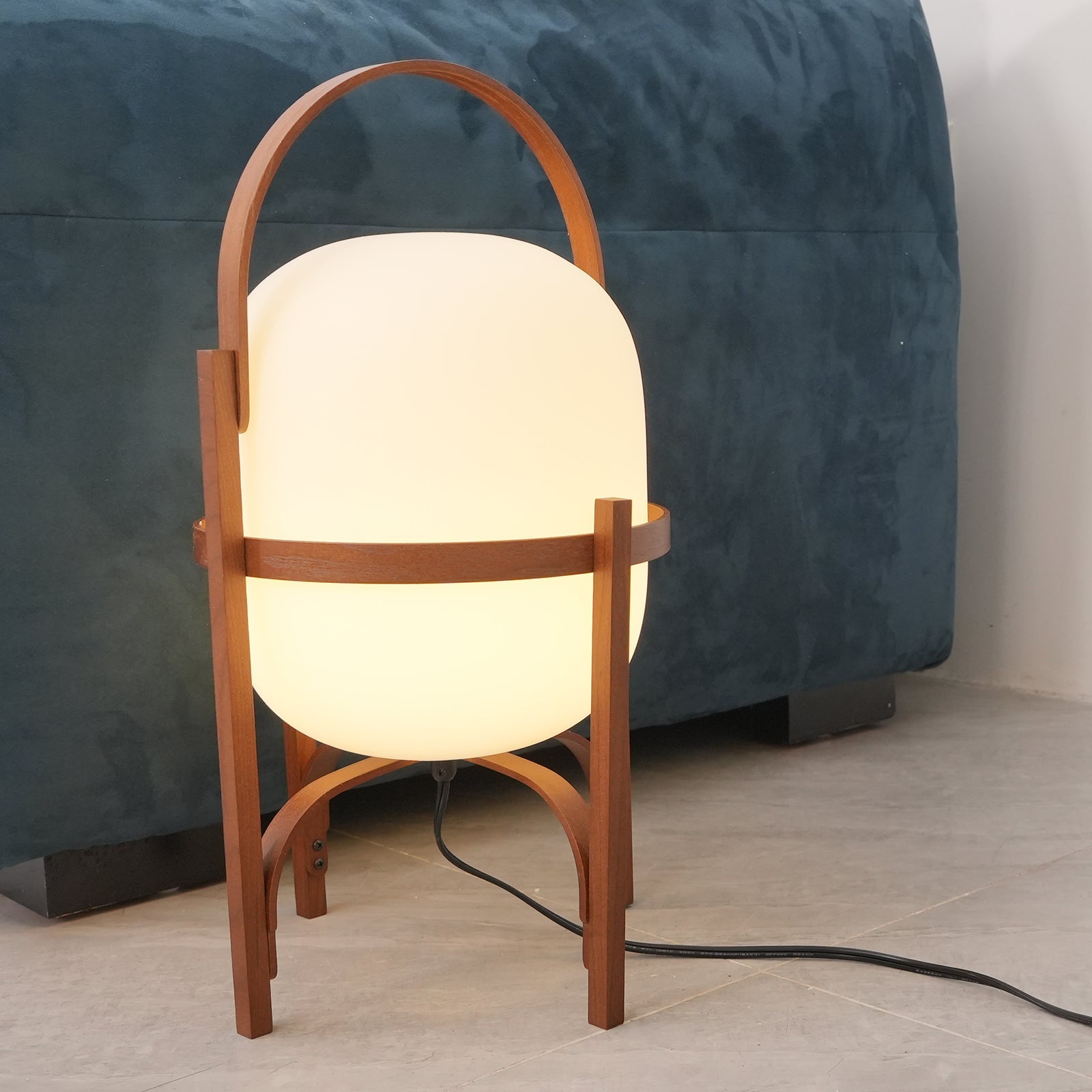 Portable Lantern Table Lamp Scandinavian with Wood Frame and Globe Glass Shade ##POS:69##