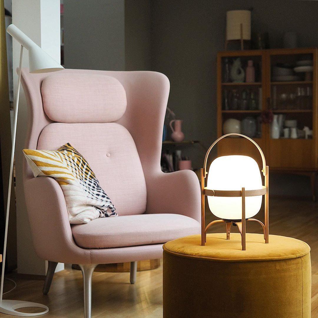 Portable Lantern Table Lamp Scandinavian with Wood Frame and Globe Glass Shade
