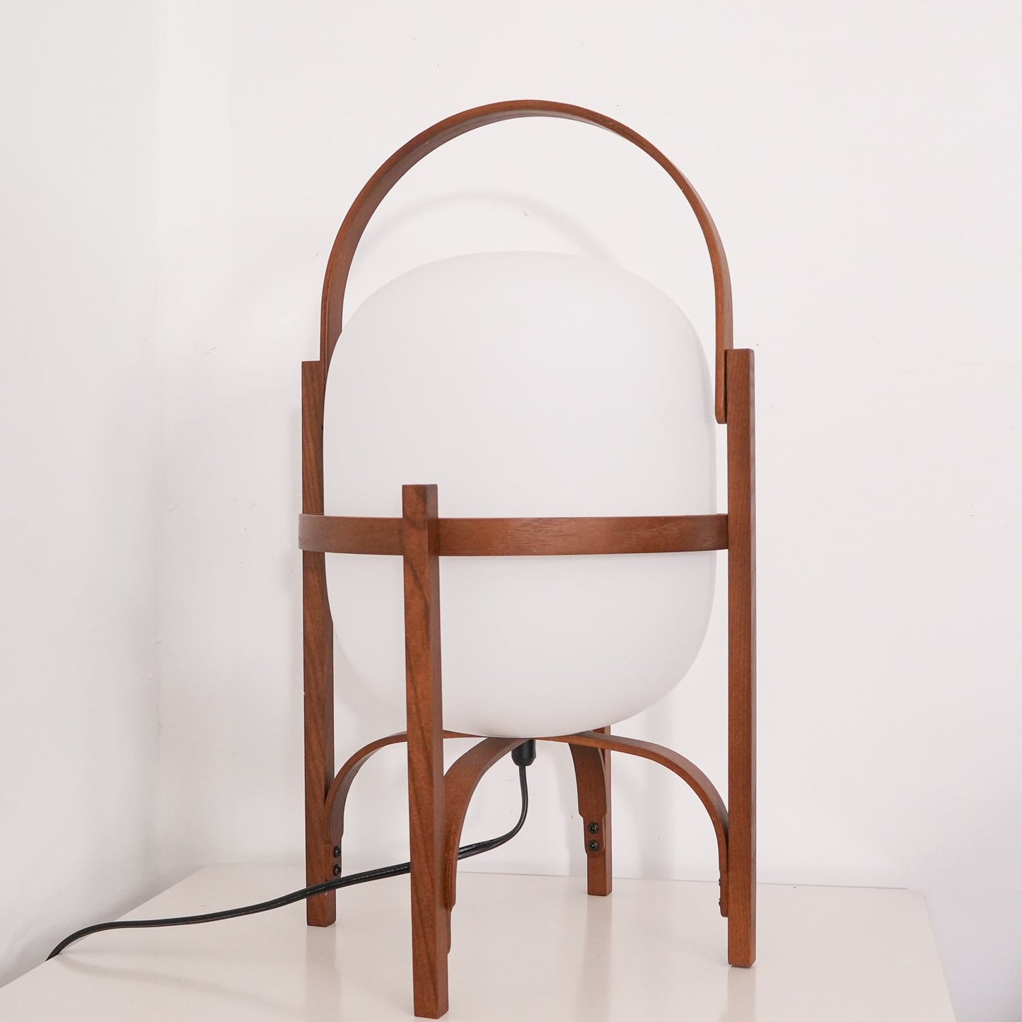 Portable Lantern Table Lamp Scandinavian with Wood Frame and Globe Glass Shade
