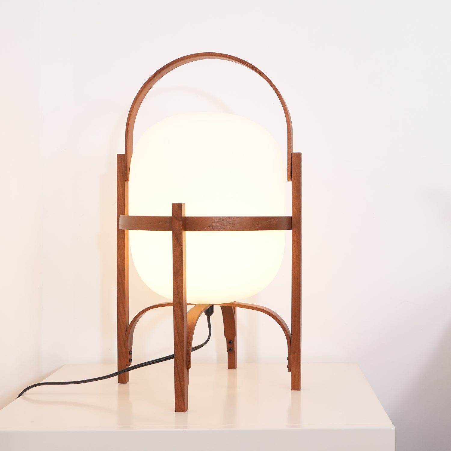 Portable Lantern Table Lamp Scandinavian with Wood Frame and Globe Glass Shade