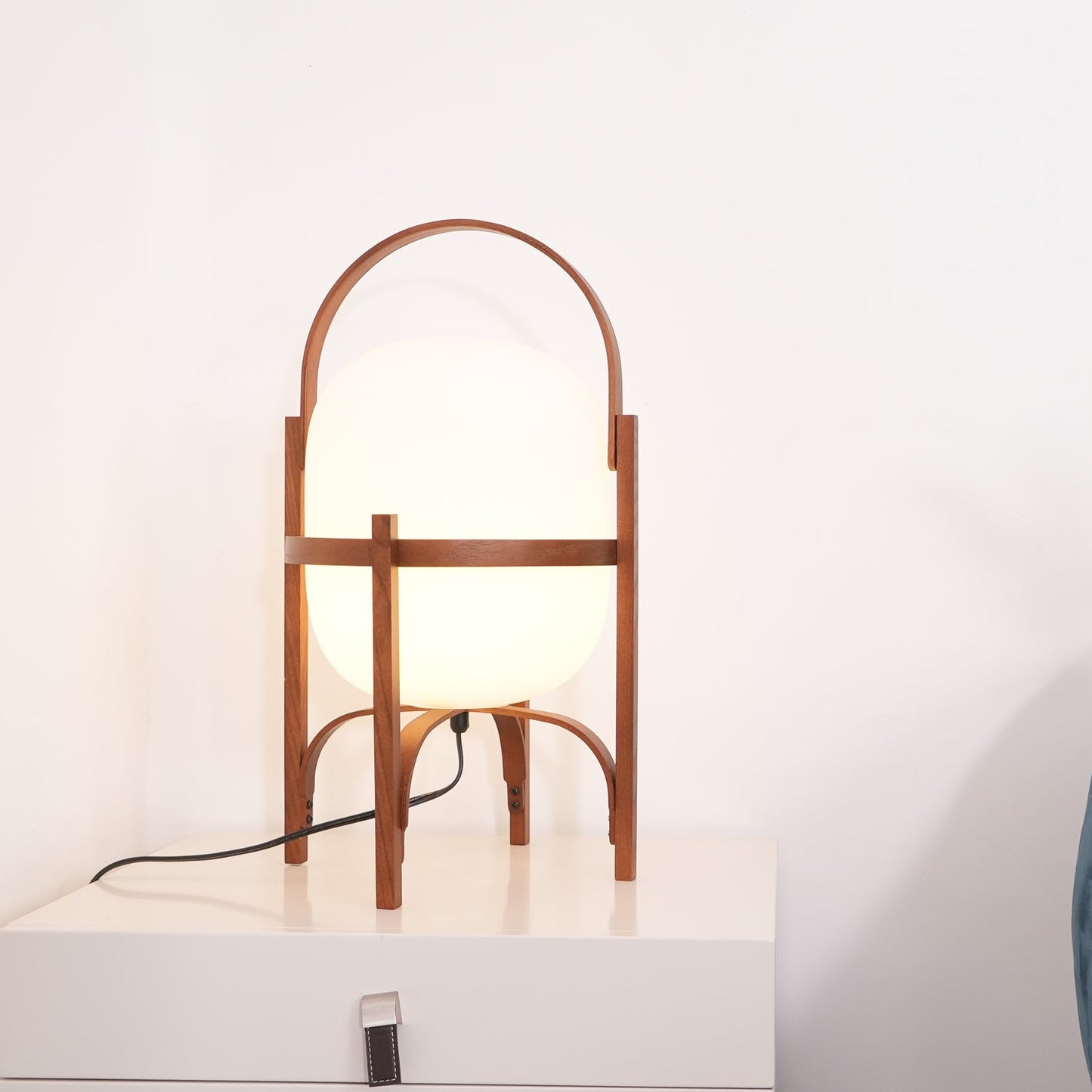 Portable Lantern Table Lamp Scandinavian with Wood Frame and Globe Glass Shade