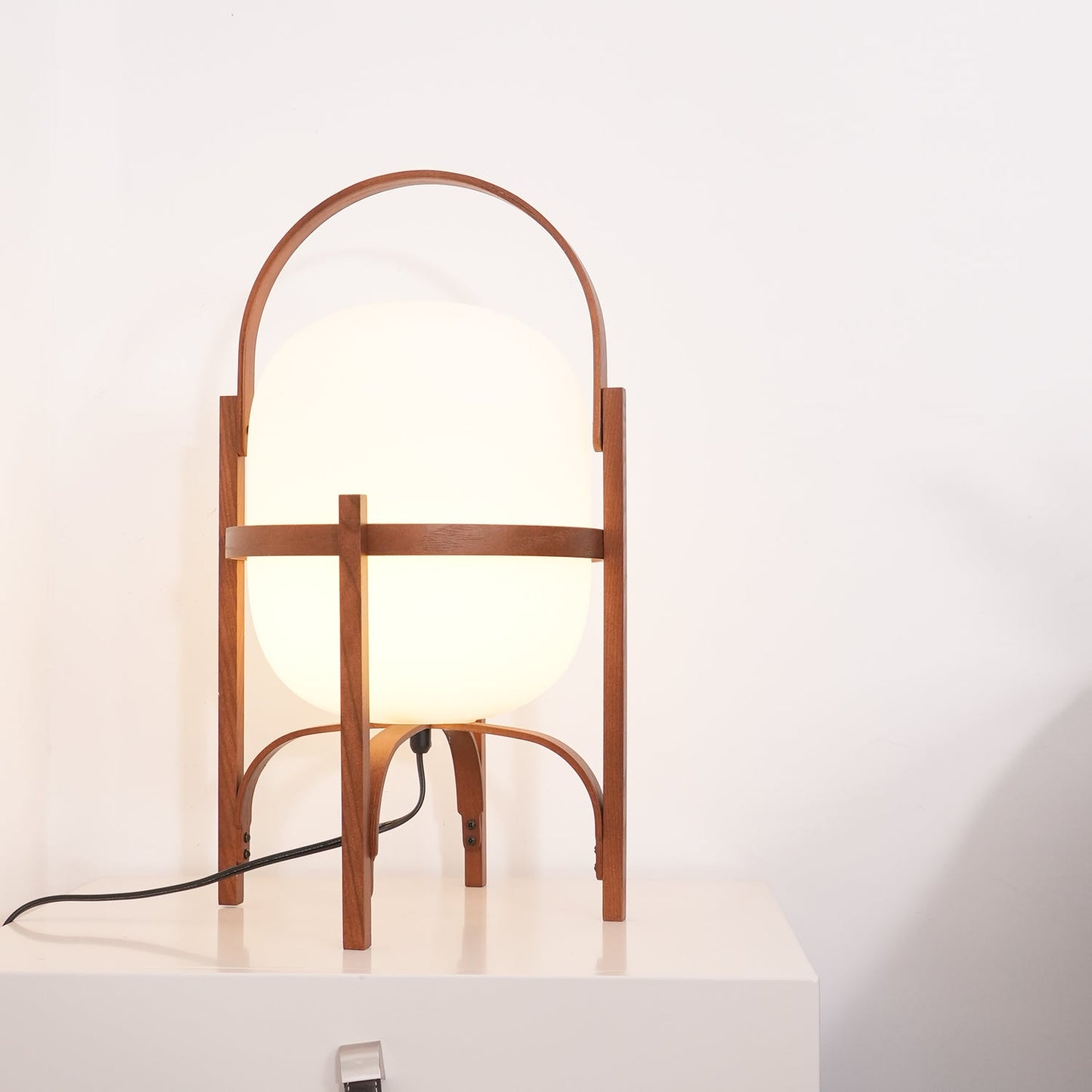 Portable Lantern Table Lamp Scandinavian with Wood Frame and Globe Glass Shade