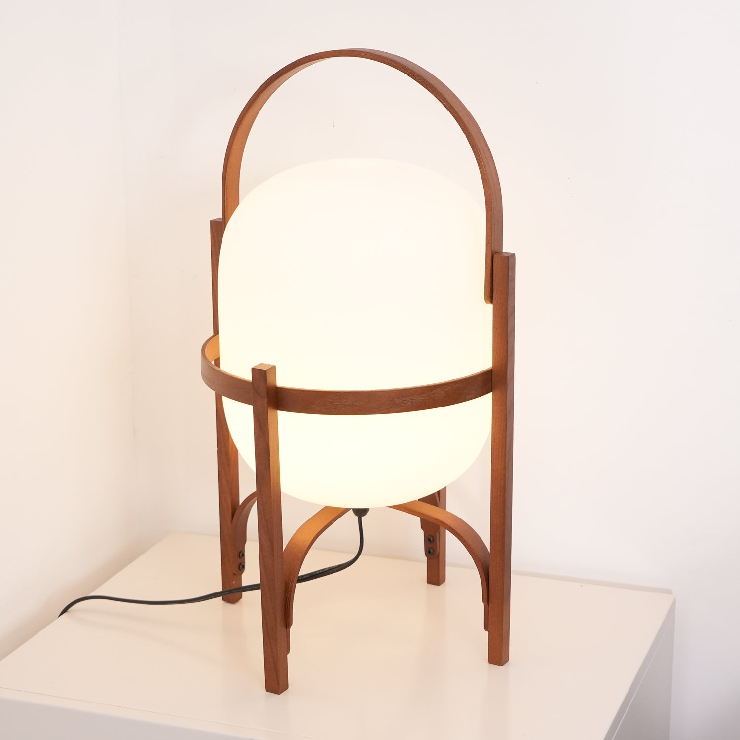 Portable Lantern Table Lamp Scandinavian with Wood Frame and Globe Glass Shade