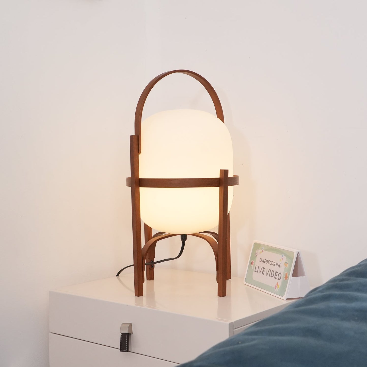 Portable Lantern Table Lamp Scandinavian with Wood Frame and Globe Glass Shade