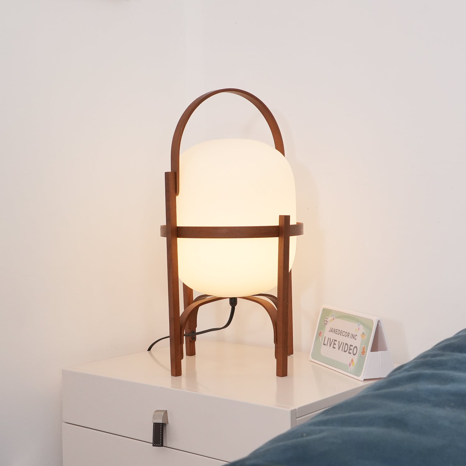 Portable Lantern Table Lamp Scandinavian with Wood Frame and Globe Glass Shade