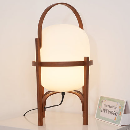 Portable Lantern Table Lamp Scandinavian with Wood Frame and Globe Glass Shade