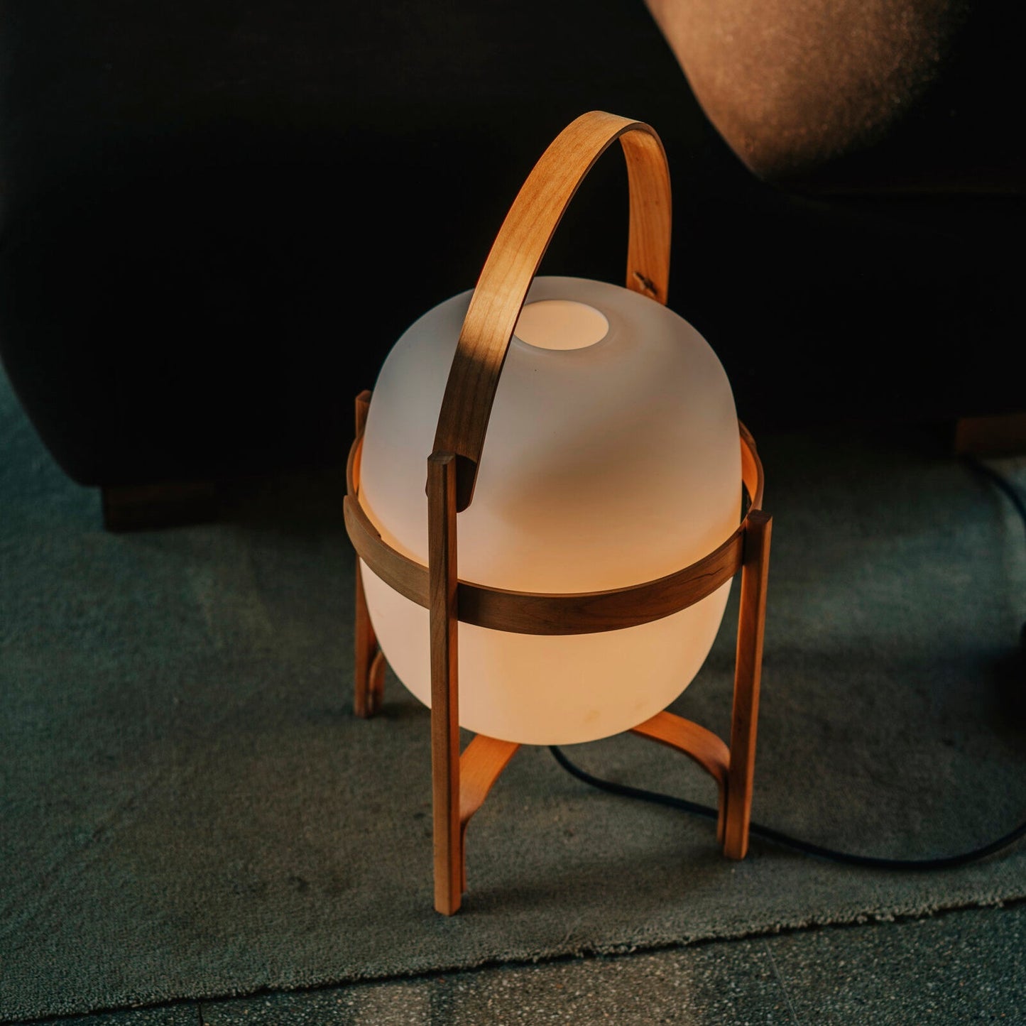 Portable Lantern Table Lamp Scandinavian with Wood Frame and Globe Glass Shade
