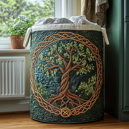 Quilted Laundry Basket with Tree of Life Design and Carry Handles