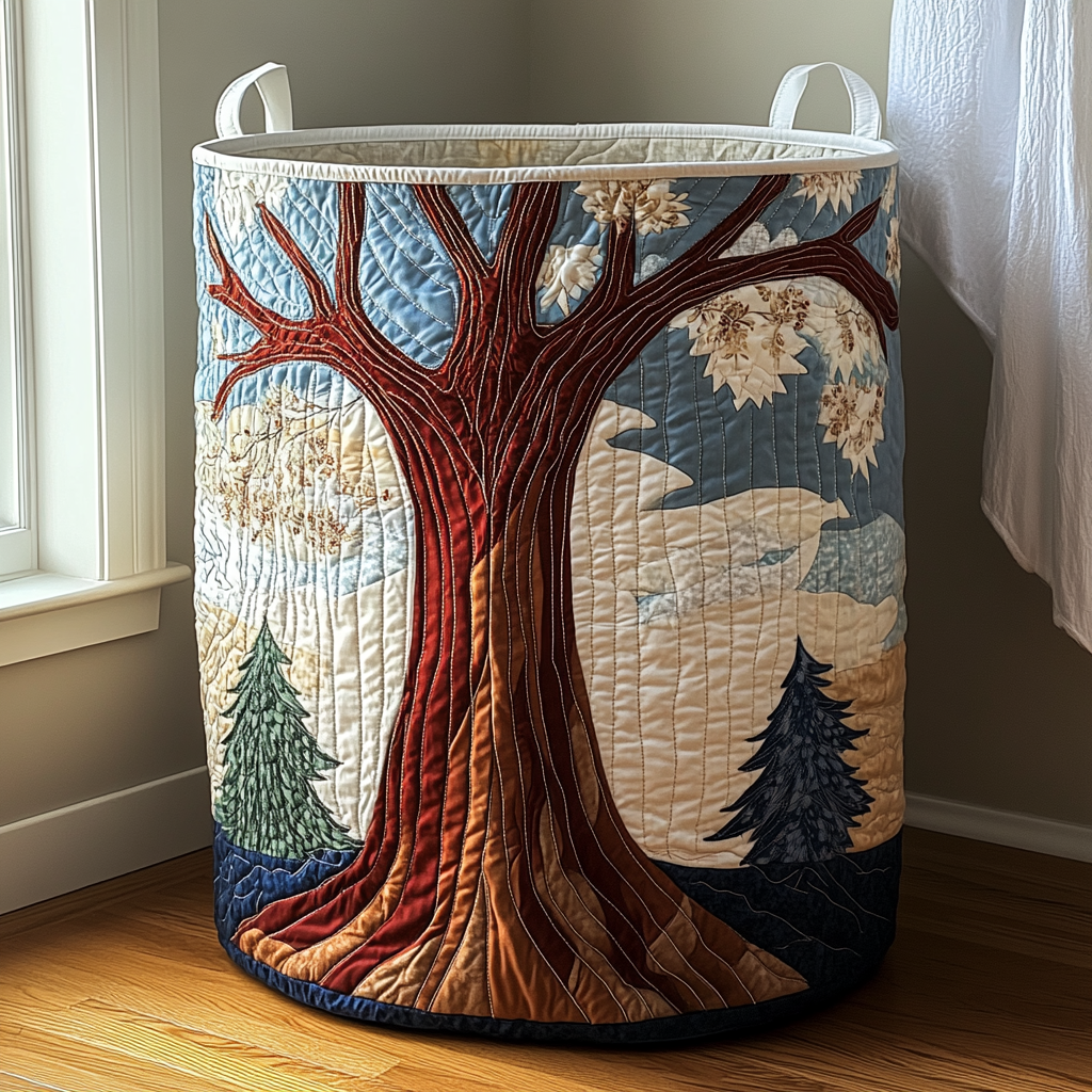 Quilted Laundry Basket with Tree of Life Design and Carry Handles