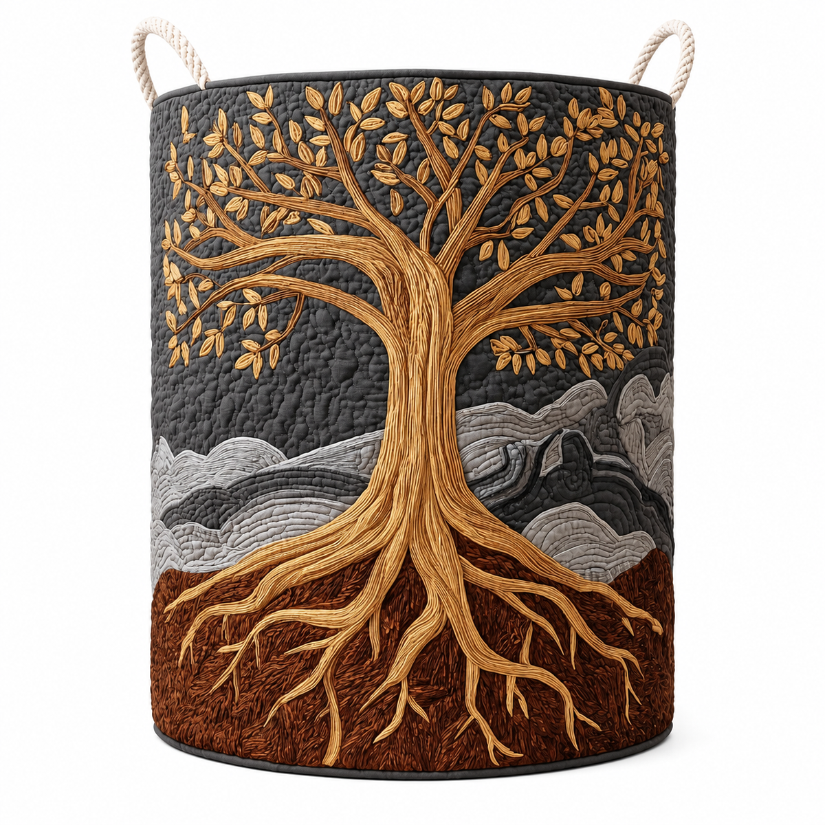 Quilted Laundry Basket with Tree of Life Design and Carry Handles
