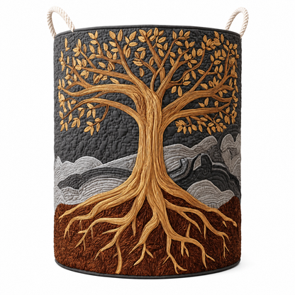 Quilted Laundry Basket with Tree of Life Design and Carry Handles