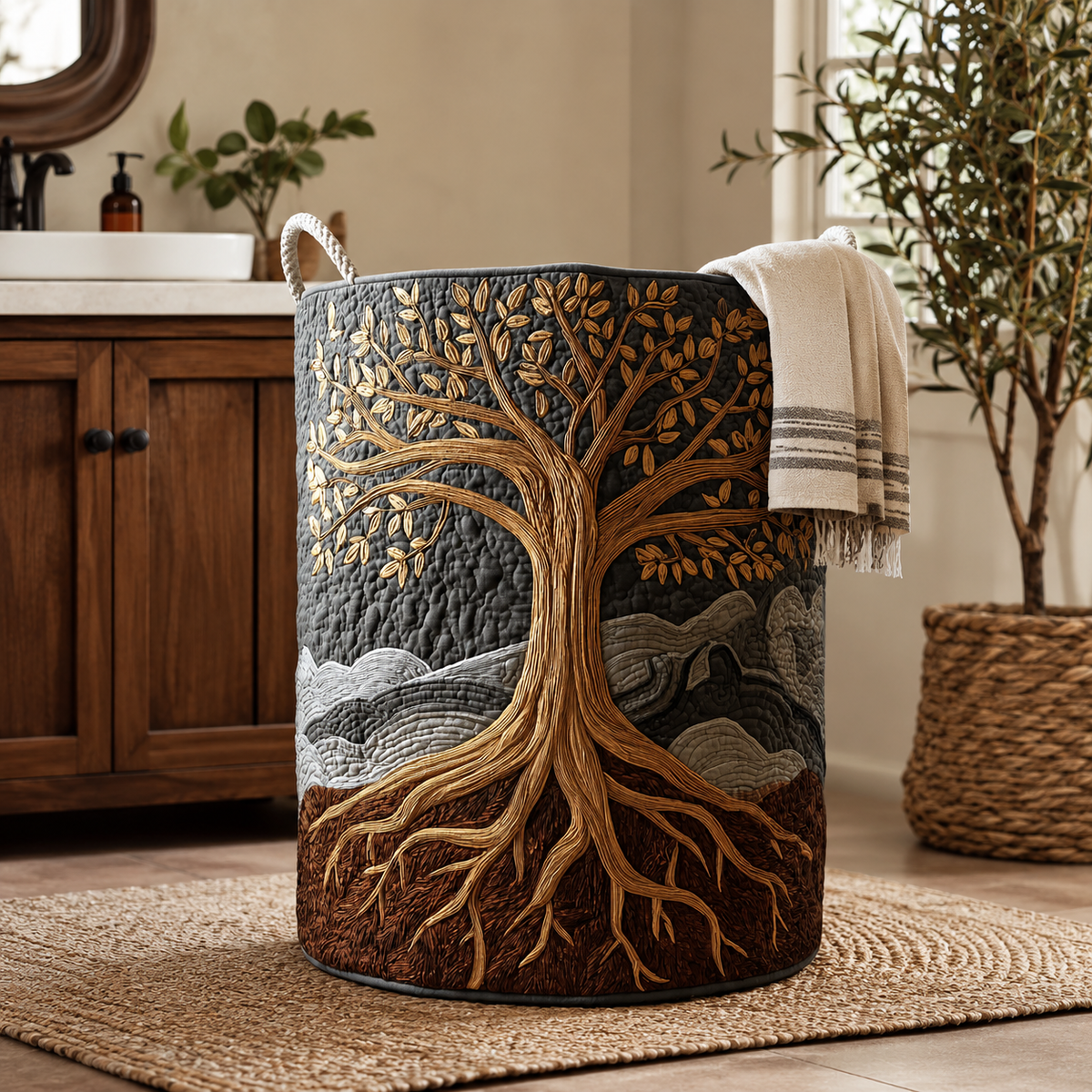 Quilted Laundry Basket with Tree of Life Design and Carry Handles