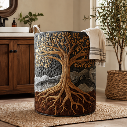 Quilted Laundry Basket with Tree of Life Design and Carry Handles
