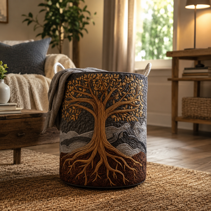 Quilted Laundry Basket with Tree of Life Design and Carry Handles