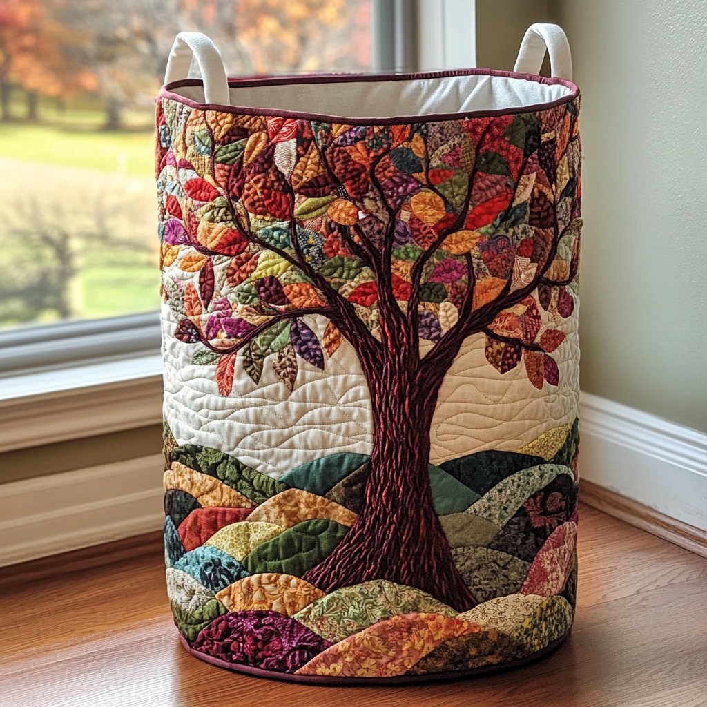 Quilted Laundry Basket with Tree of Life Design and Carry Handles