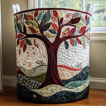 Quilted Laundry Basket with Tree of Life Design and Carry Handles