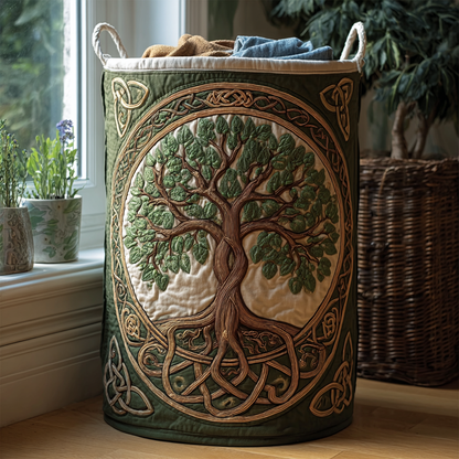 Quilted Laundry Basket with Tree of Life Design and Carry Handles