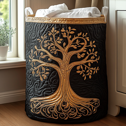 Quilted Laundry Basket with Tree of Life Design and Carry Handles