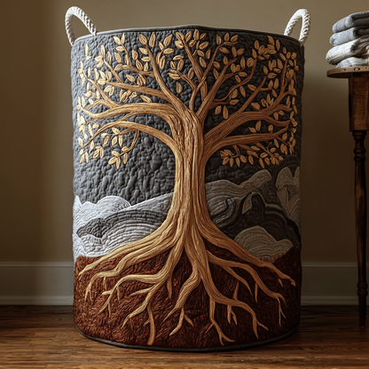 Quilted Laundry Basket with Tree of Life Design and Carry Handles