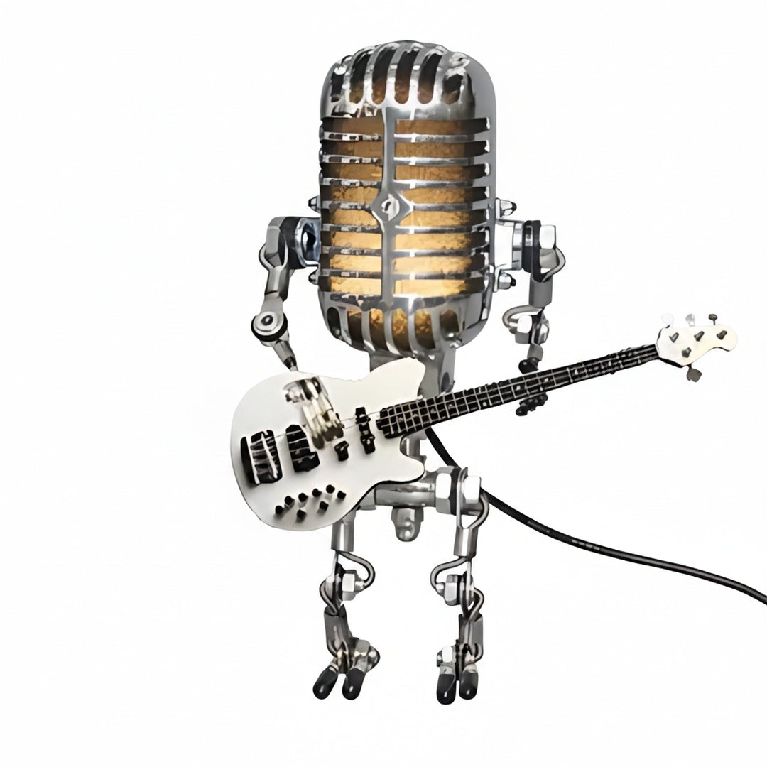 Retro Microphone Robot Table Lamp with Guitar Figurine and Built-In LED