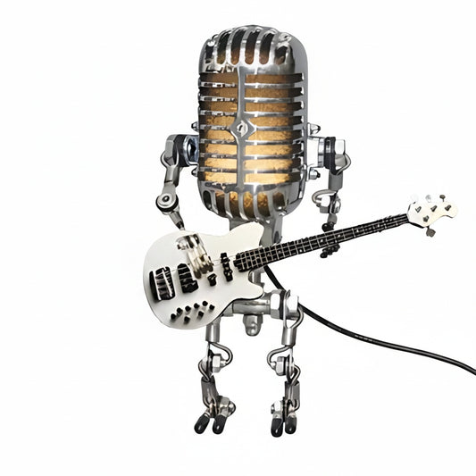 Retro Microphone Robot Table Lamp with Guitar Figurine and Built-In LED