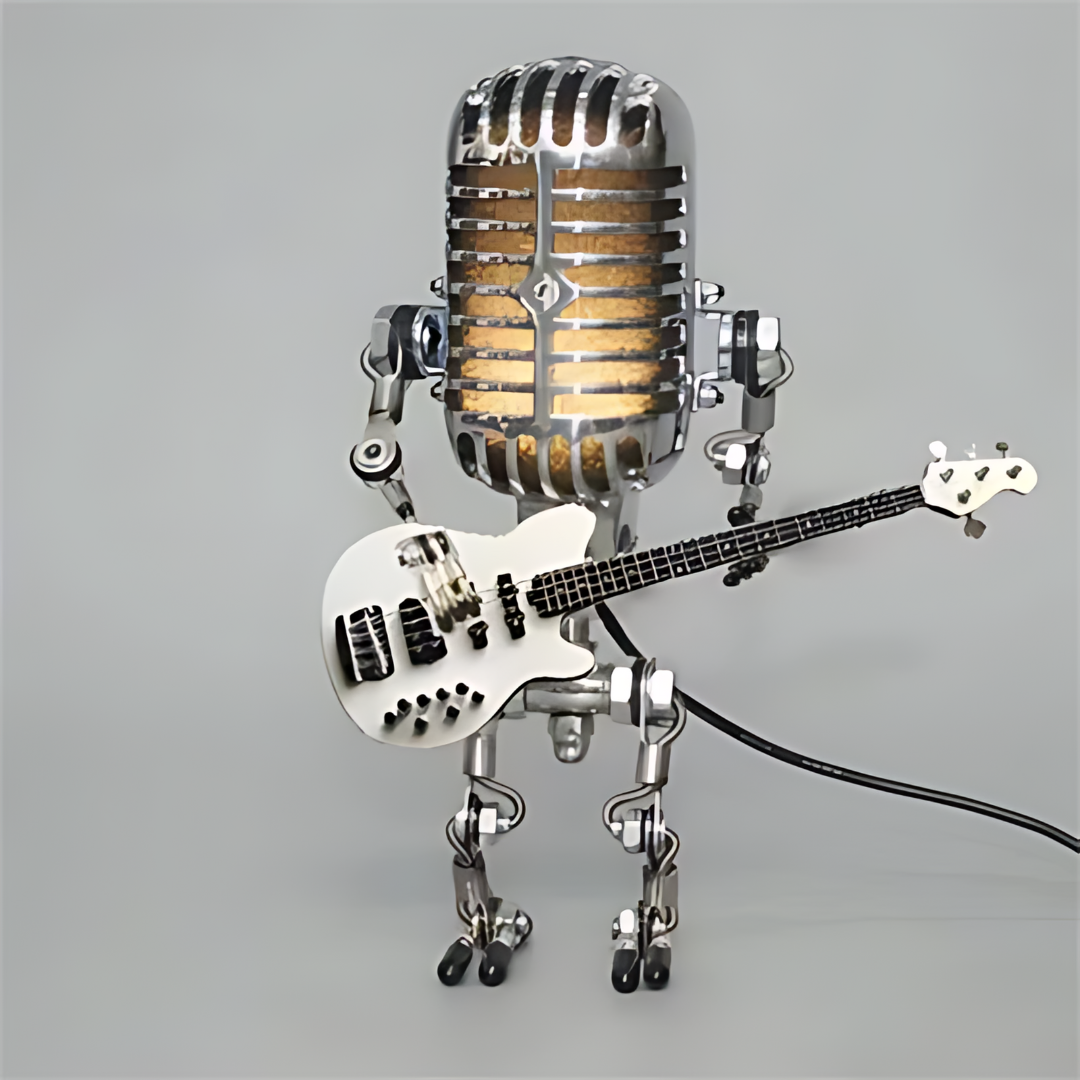 Retro Microphone Robot Table Lamp with Guitar Figurine and Built-In LED