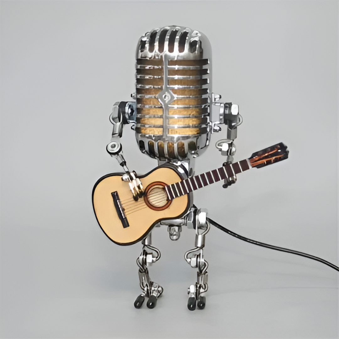 Retro Microphone Robot Table Lamp with Guitar Figurine and Built-In LED