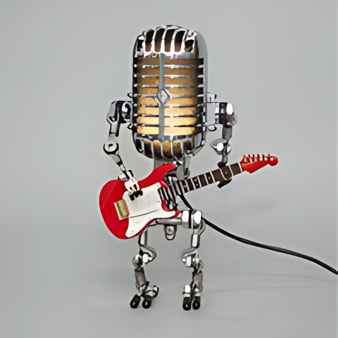 Retro Microphone Robot Table Lamp with Guitar Figurine and Built-In LED