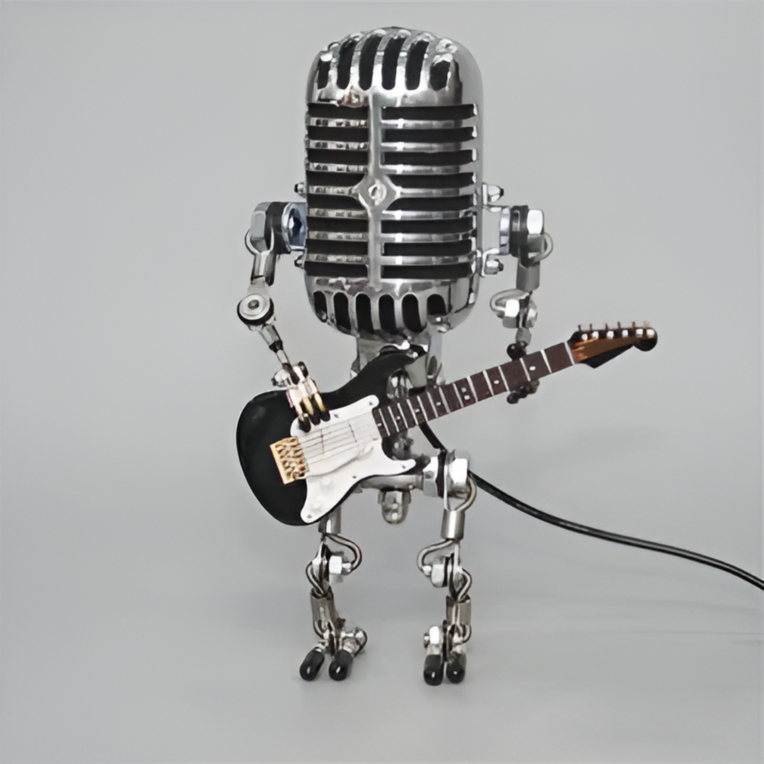 Retro Microphone Robot Table Lamp with Guitar Figurine and Built-In LED