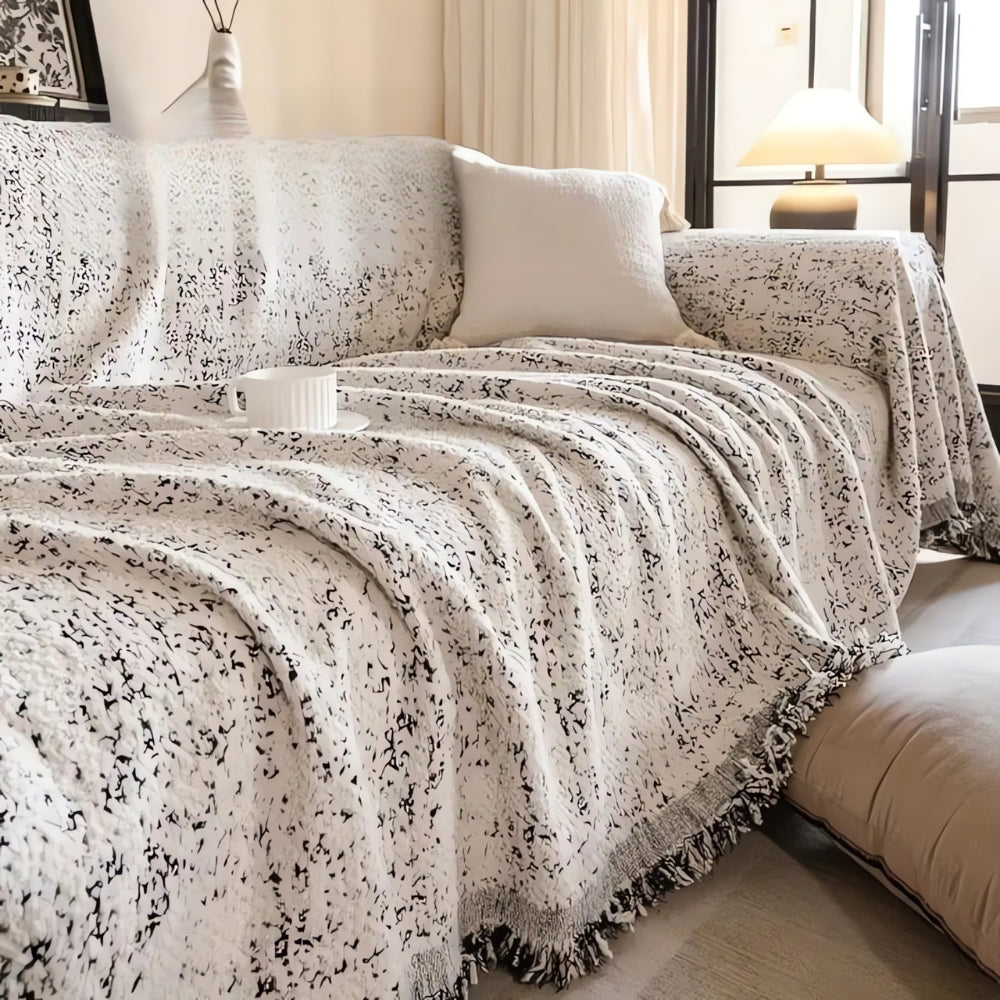 Reversible Sofa Cover Throw with Tassel Fringe and Boho Speckle Pattern