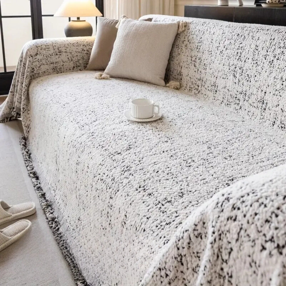 Reversible Sofa Cover Throw with Tassel Fringe and Boho Speckle Pattern