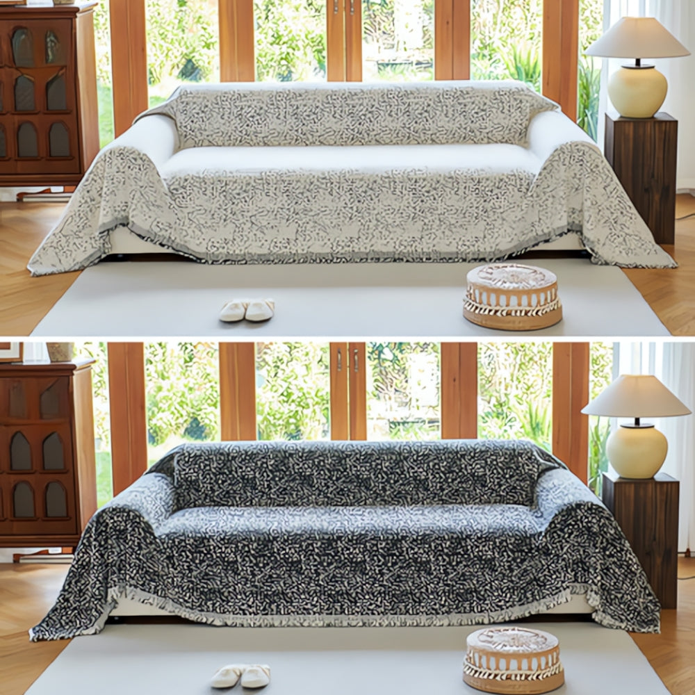 Reversible Sofa Cover Throw with Tassel Fringe and Boho Speckle Pattern