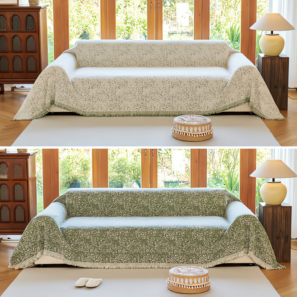 Reversible Sofa Cover Throw with Tassel Fringe and Boho Speckle Pattern