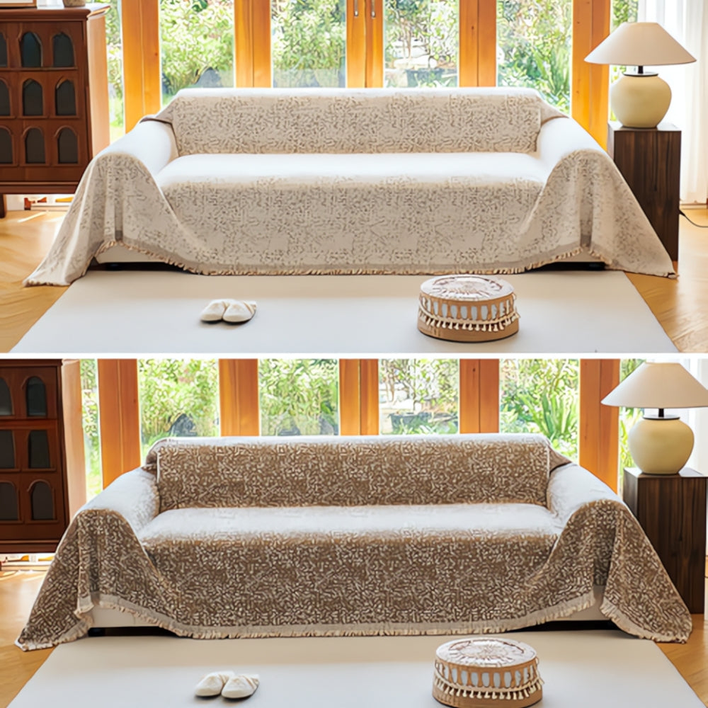Reversible Sofa Cover Throw with Tassel Fringe and Boho Speckle Pattern