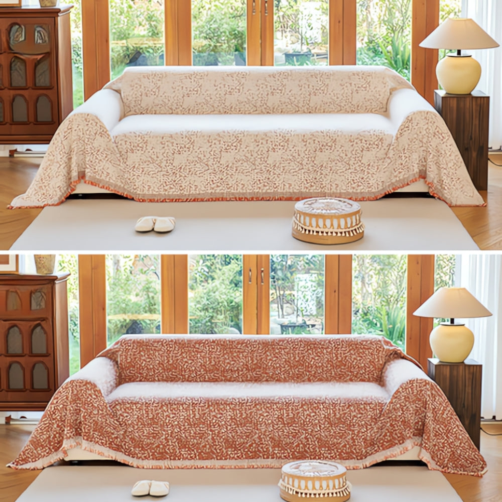 Reversible Sofa Cover Throw with Tassel Fringe and Boho Speckle Pattern