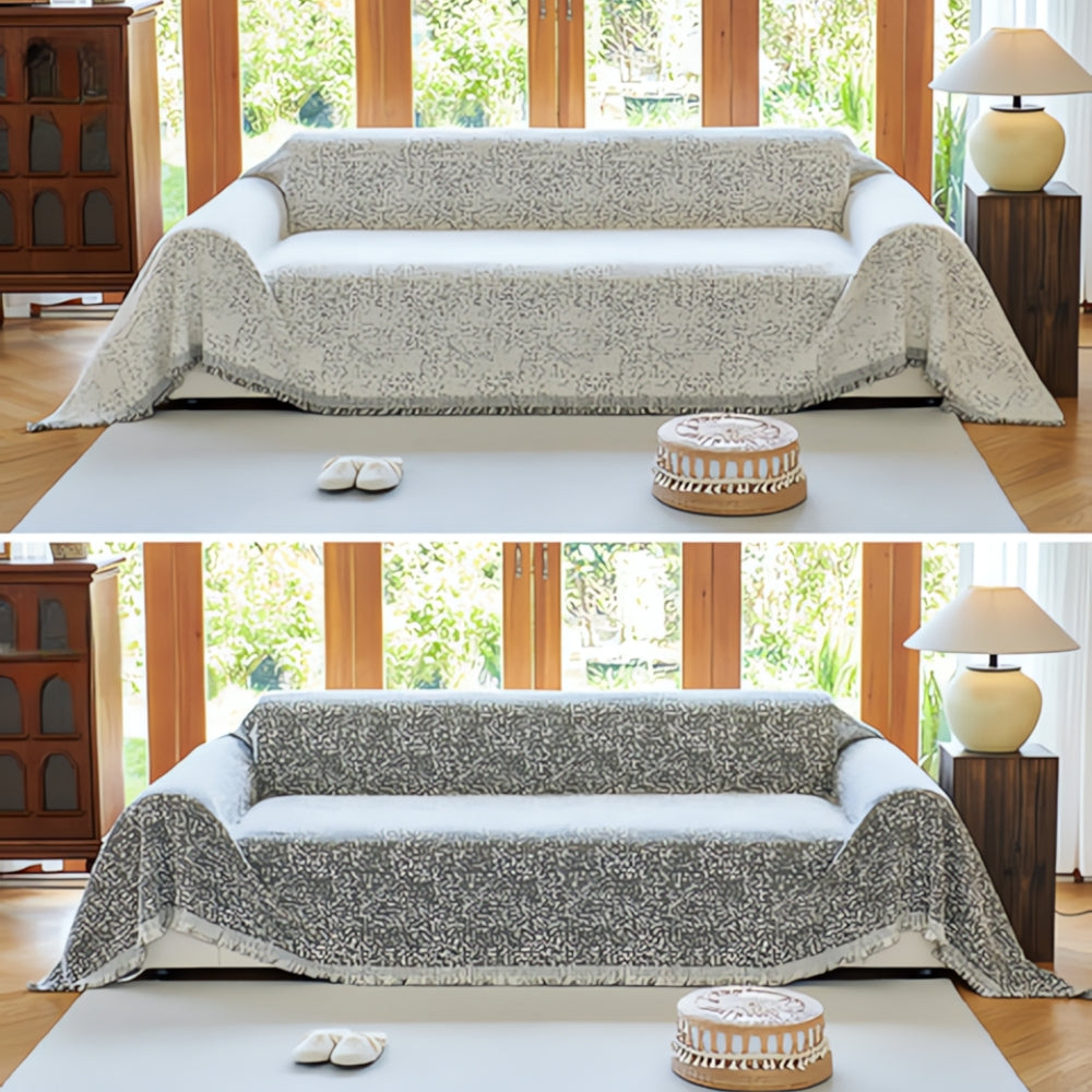 Reversible Sofa Cover Throw with Tassel Fringe and Boho Speckle Pattern