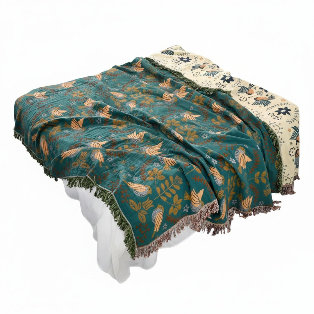 Reversible Throw Blanket with Bird and Floral Embroidery and Fringe Trim
