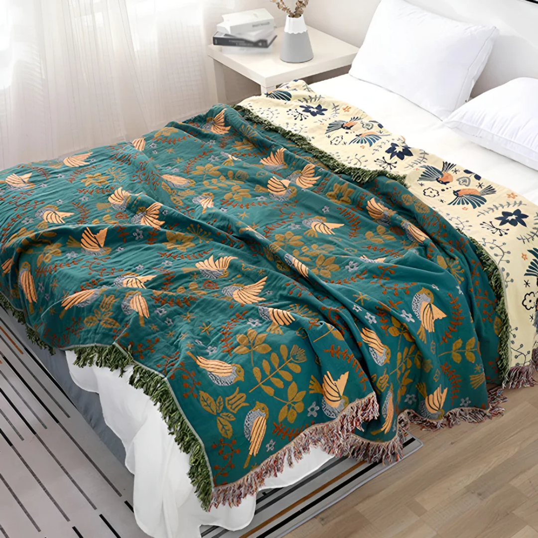 Reversible Throw Blanket with Bird and Floral Embroidery and Fringe Trim