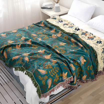 Reversible Throw Blanket with Bird and Floral Embroidery and Fringe Trim
