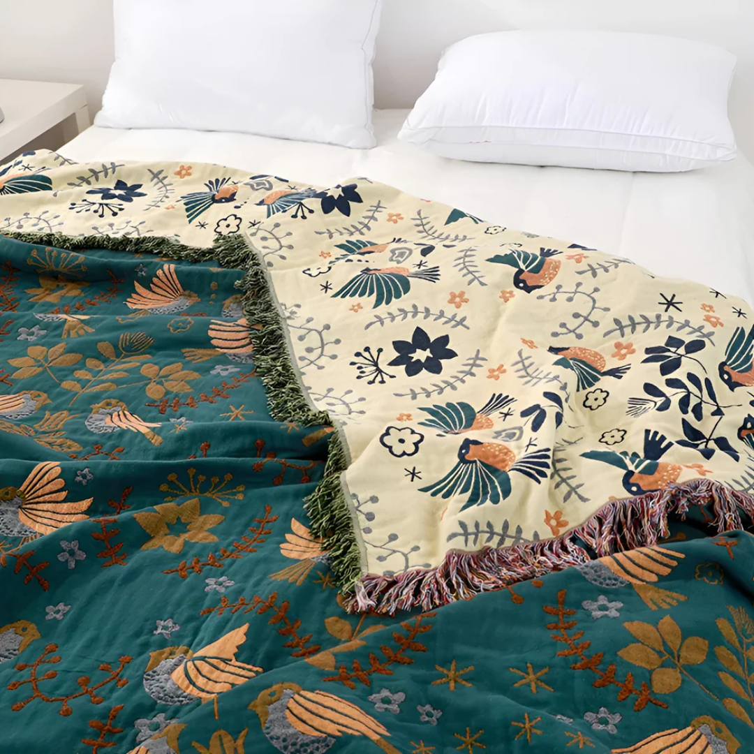 Reversible Throw Blanket with Bird and Floral Embroidery and Fringe Trim